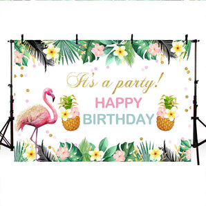 Mocsicka Pink Flamingo Pineapple and Plam Leaves Happy Birthday Background