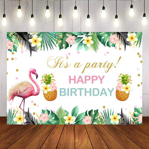 Mocsicka Pink Flamingo Pineapple and Plam Leaves Happy Birthday Background-Mocsicka Party