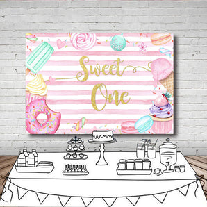 Mocsicka Sweet One Back Drop Donut Ice Cream and Dessert First Birthday Party Decor