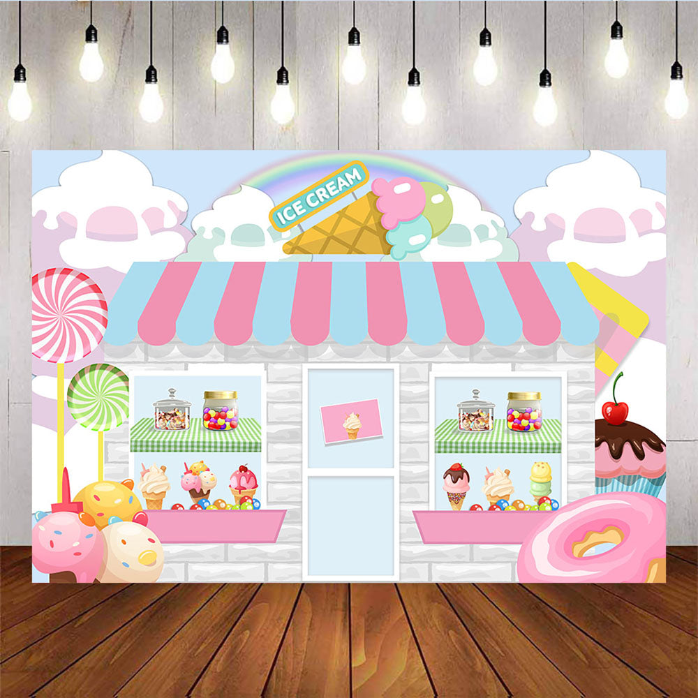 Mocsicka Ice Cream Dessert Store Baby Shower Backdrop Donut and Sweet Candy Background-Mocsicka Party