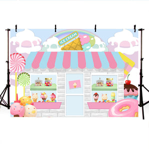 Mocsicka Ice Cream Dessert Store Baby Shower Backdrop Donut and Sweet Candy Background