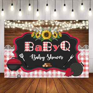Mocsicka BabyQ Red Plaid Baby Shower Backdrop Barbecue and Wooden Floor Background-Mocsicka Party