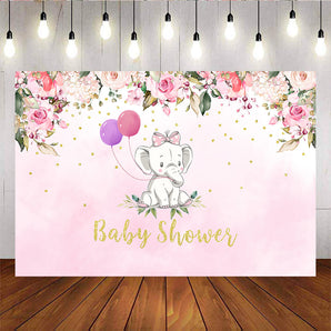 Mocsicka Balloon Elephant Baby Shower Party Decor Watercolor Floral Gold Dots Backdrop-Mocsicka Party