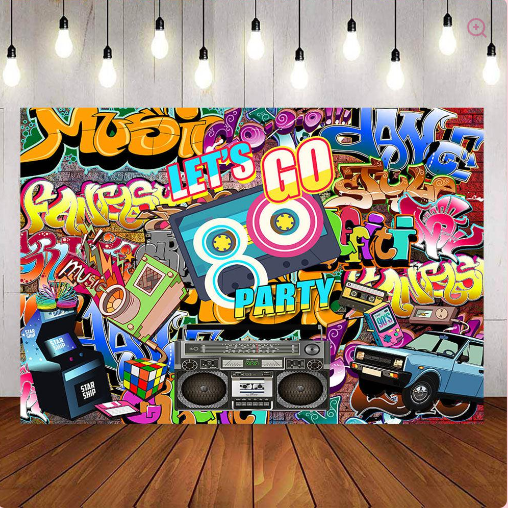 Mocsicka Let's Go 80s Party Backdrop Retro Radio and Graffiti Wall Photo Background and Balloon Kit
