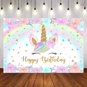 Mocsicka Unicorn Rainbow and Flowers Happy Birthday Backdrop and Balloon Kit
