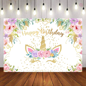 Mocsicka Flowers and Golden Unicorn Happy Birthday Backdrop and Balloon Kit