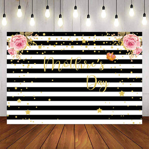 Mocsicka Mother's Day Black Stripes Pink Flowers and Golden Stars Photo Backdrop-Mocsicka Party