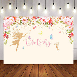 Mocsicka Oh Baby Golden Fairy and Spring Flowers Baby Shower Back Ground-Mocsicka Party