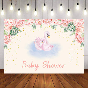 Mocsicka Pink Swan Baby Shower Backdrop Spring Flowers Golden Dots Photo Background-Mocsicka Party