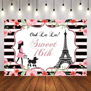 Mocsicka Sweet 16 Stripes and Eiffel Tower Birthday Party Backdrop-Mocsicka Party