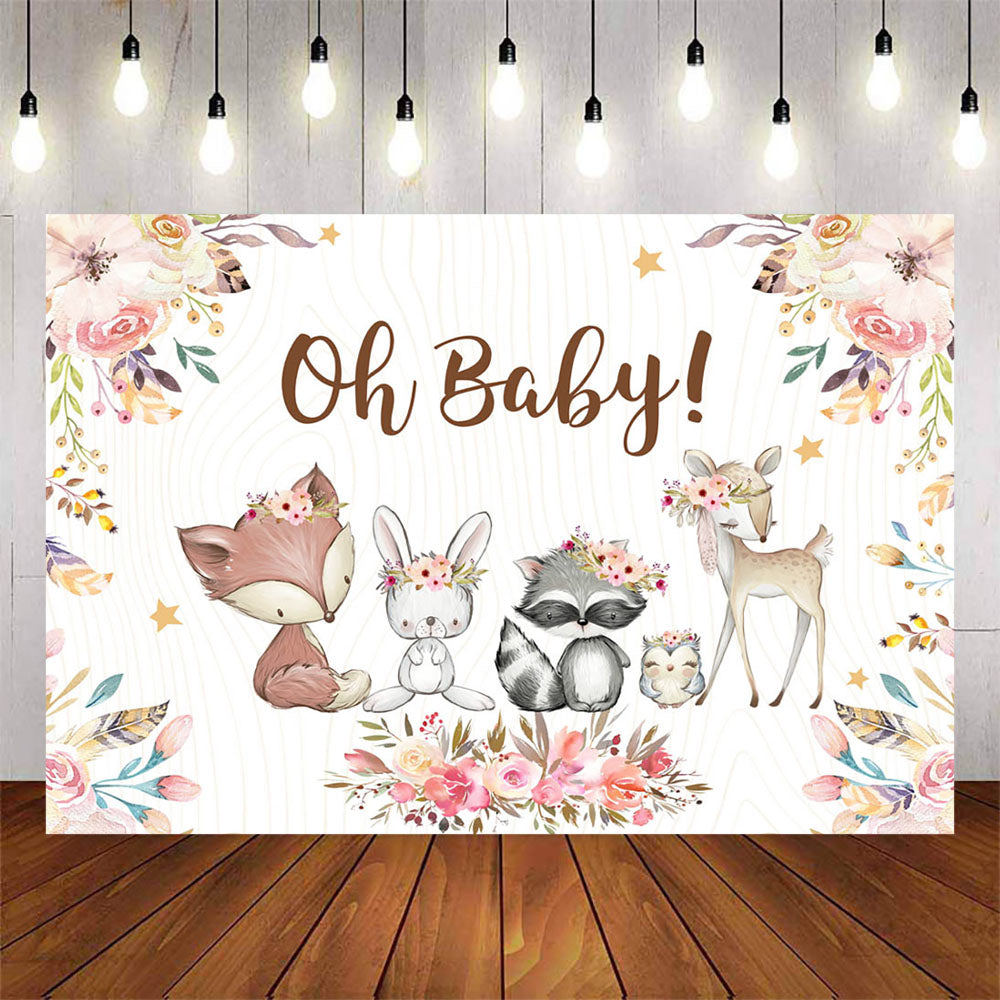 Mocsicka Oh Baby Wild Animals Pink Flowers Baby Shower Backdrop-Mocsicka Party