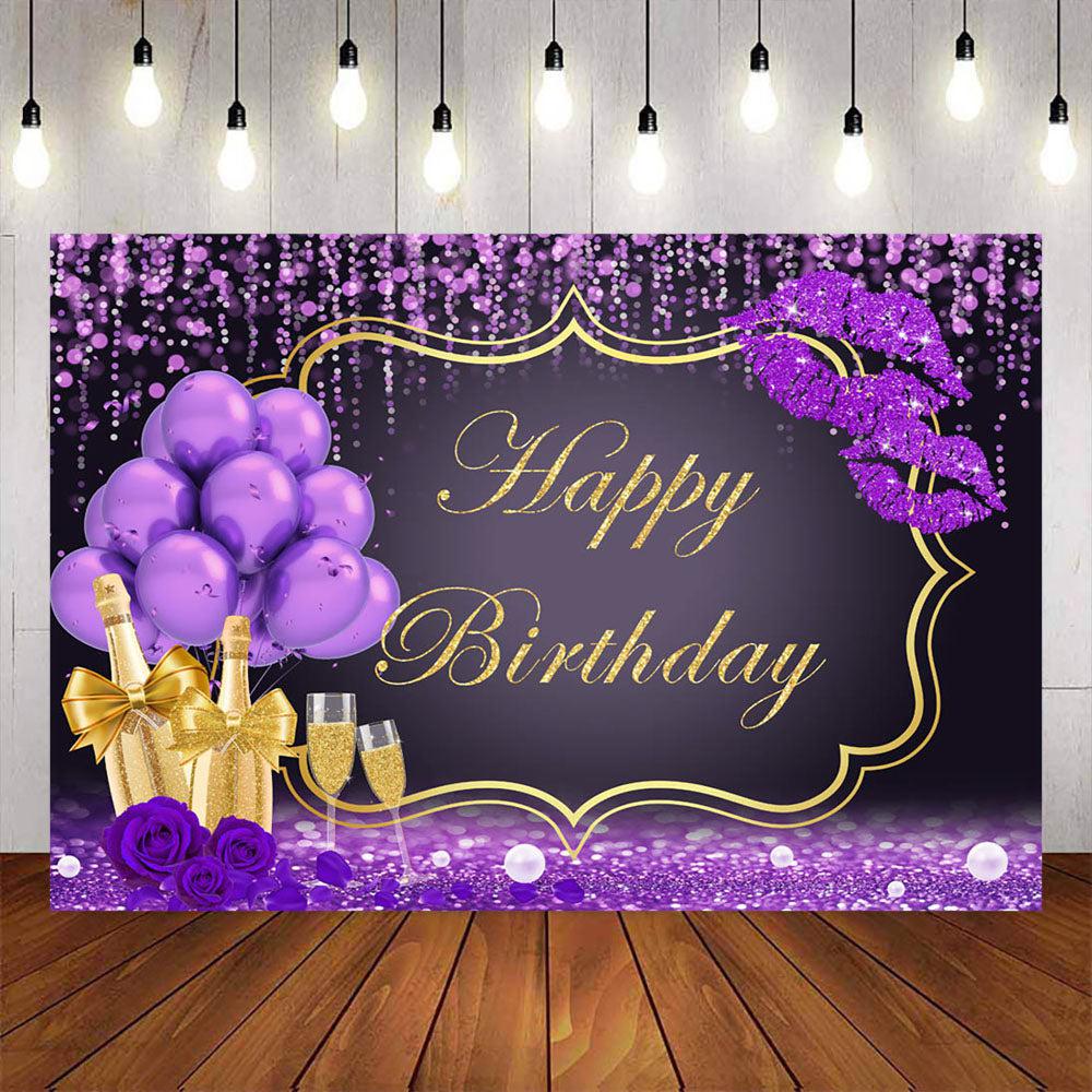 Mocsicka Purple Balloons and Champagne Happy Birthday Backdrop-Mocsicka Party