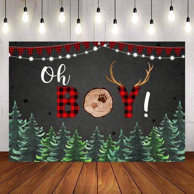 Mocsicka Oh Boy Red Plaid and Forest Baby Shower Party Backdrop-Mocsicka Party
