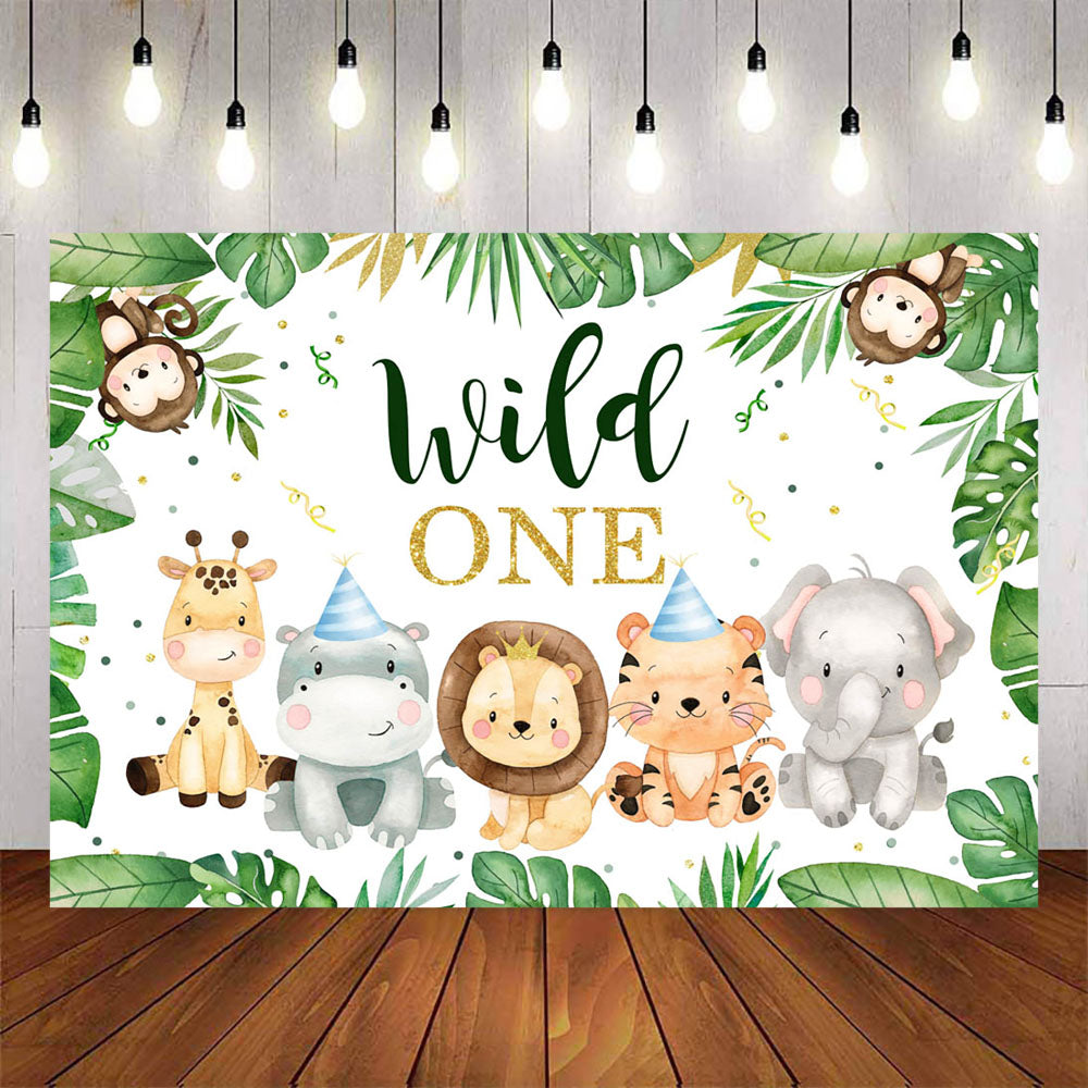Mocsicka Wild One Little Animals and Plam Leaves Birthday Party Backdrop-Mocsicka Party