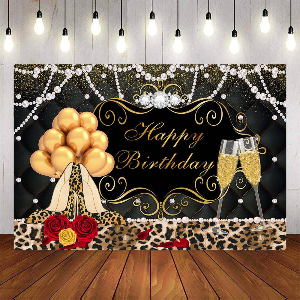 Mocsicka Golden Champagne and Balloons Happy Birthday Backdrop-Mocsicka Party