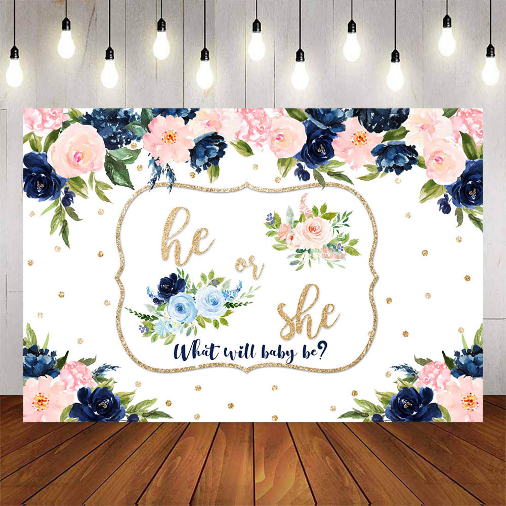 Mocsicka He or She Blue Flowers Gender Reveal Party Backdrop-Mocsicka Party