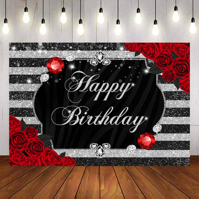 Mocsicka Stripes and Red Rose Happy Birthday Party Backgrounds-Mocsicka Party