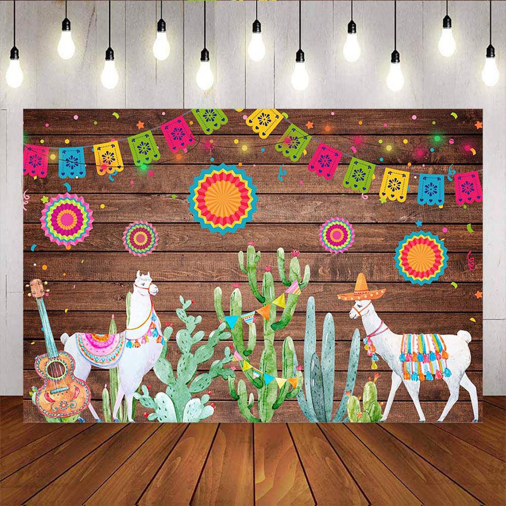 Mocsicka Mexican Fiesta Birthday Party Props Llama Cactus Wooden Floor Backdrop-Mocsicka Party