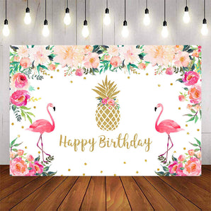 Mocsicka Flamingo and Gold Pineapple Happy Birthday Backdrops-Mocsicka Party
