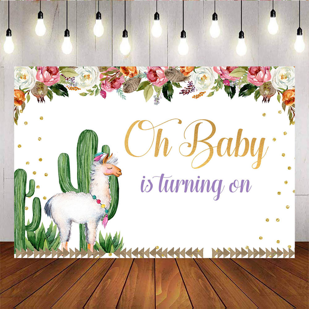 Mocsicka Oh Baby is Turning One Backdrop Llama Cactus Flowers Birthday Back Drop-Mocsicka Party