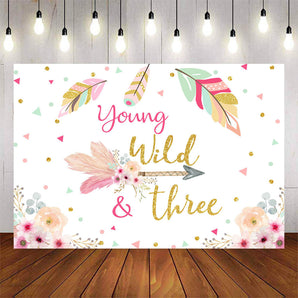 Mocsicka Young Wild Three Feathers and Golden Dots Birthday Backdrop-Mocsicka Party