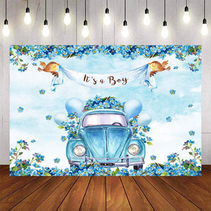 Mocsicka Blue Little Car It's a Boy Baby Shower Backdrop-Mocsicka Party