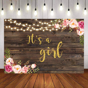 Mocsicka It's a Girl Wooden Floor and Pink Flowers Baby Shower Backdrop-Mocsicka Party