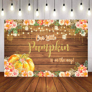 Mocsicka Pumpkin and Flowers Wooden Floor Baby Shower Backdrop-Mocsicka Party
