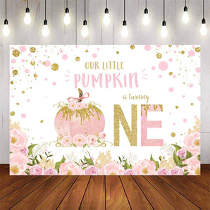 Mocsicka Pink Pumpkin and Flowers Happy 1st Birthday Backdrop-Mocsicka Party