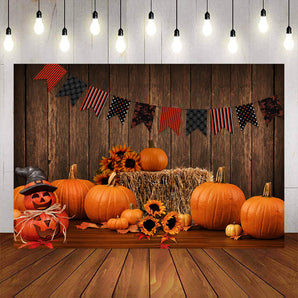 Mocsicka Pumpkin and Haystack Wooden Floor Photo Backdrop-Mocsicka Party