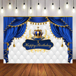 Mocsicka Blue and Gold Curtain and Crown Happy Birthday Backdrops-Mocsicka Party