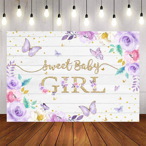 Mocsicka Flowers and Butterflies Sweet Girl Baby Shower Backdrop