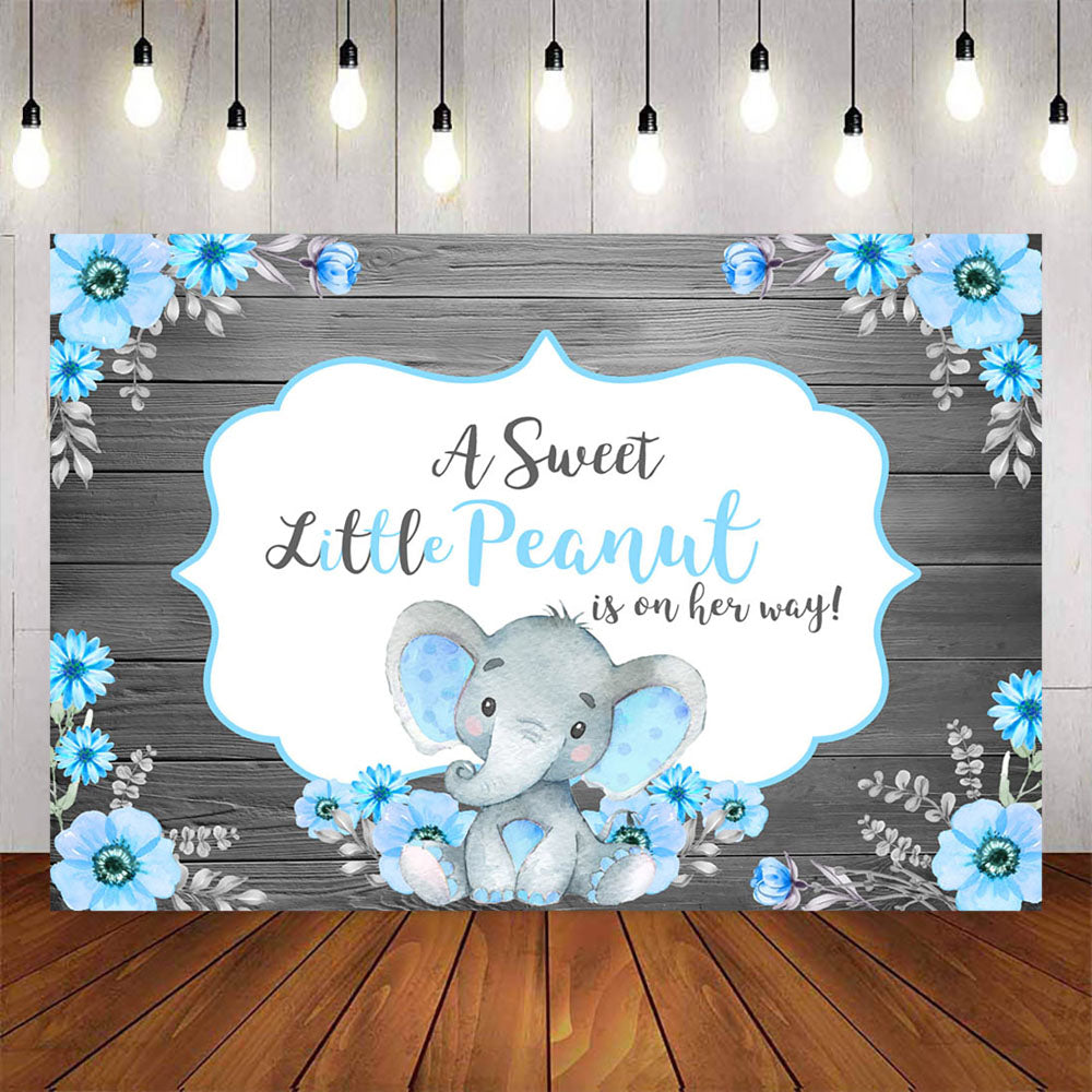 Mocsicka Little Elephant and Blue Flowers Baby Shower Backdrop-Mocsicka Party