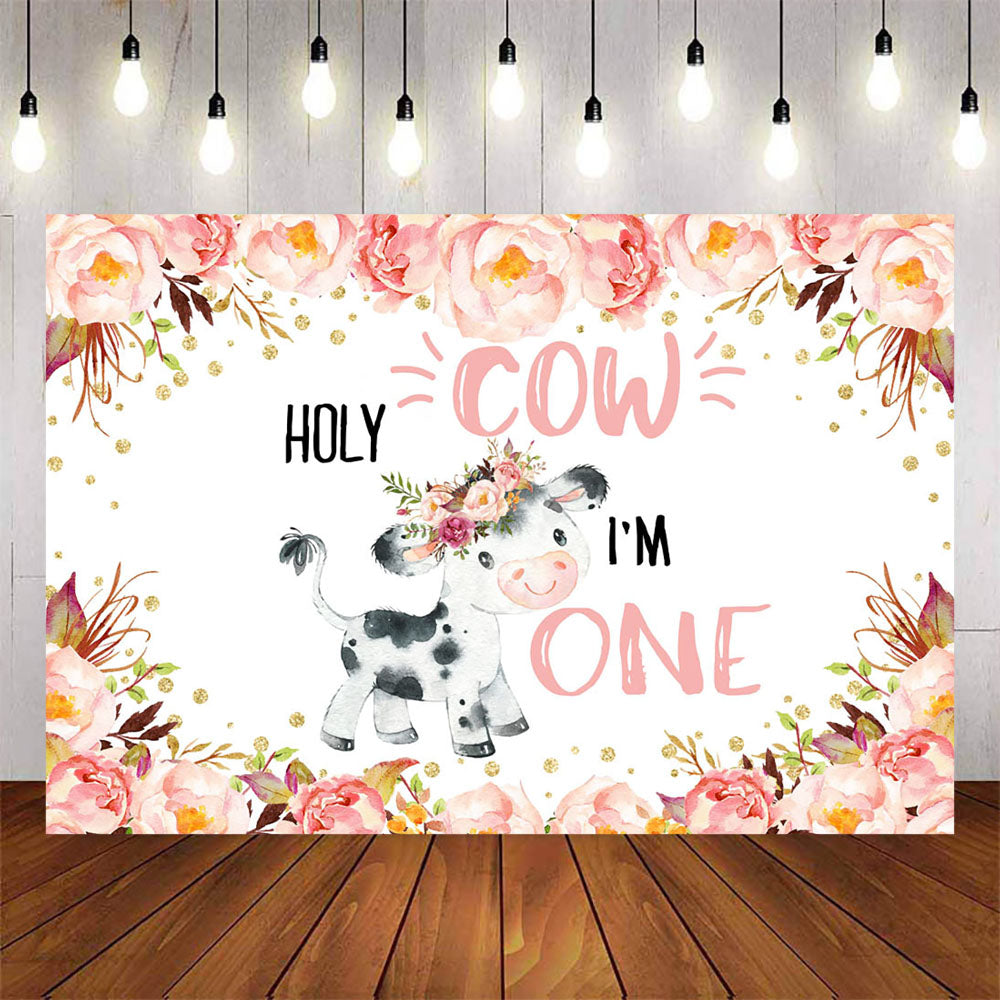Mocsicka Holy Cow and Pink Flowers Birthday Backdrop-Mocsicka Party