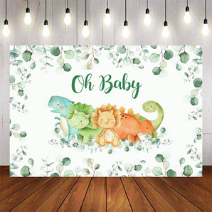 Mocsicka Little Dinosaur and Green Leaves Oh Baby Shower Backdrop-Mocsicka Party