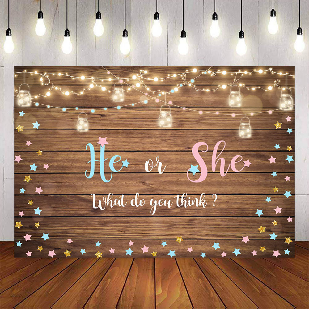 Mocsicka Wooden Board He or She Gender Reveal Backdrop-Mocsicka Party