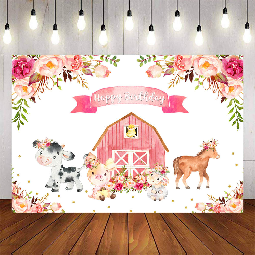 Mocsicka Farm Theme Pink Barn and Flowers Birthday Backdrop-Mocsicka Party