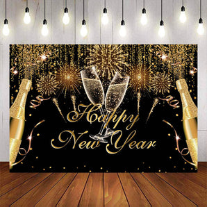 Mocsicka Happy New Year Champagne and Golden Dots Backdrop-Mocsicka Party