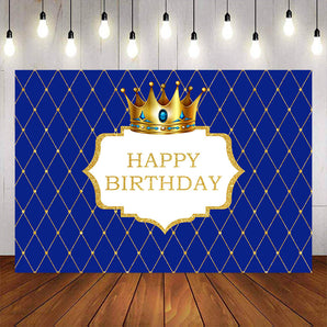 Mocsicka Blue Diamond Grid and Gold Crown Happy Birthday Backdrop-Mocsicka Party