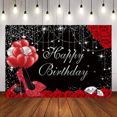 Mocsicka Red Rose and High Heels Dismonds Happy Birthday Backdrop-Mocsicka Party