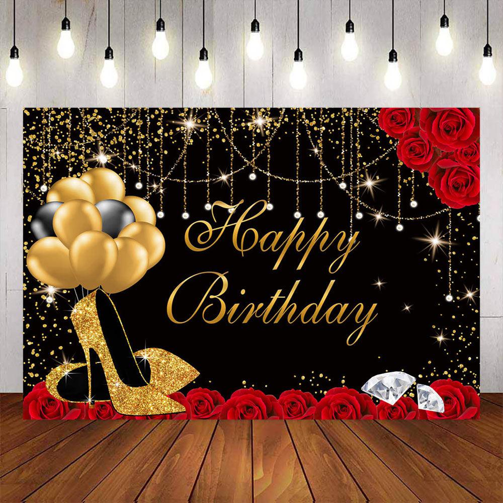 Mocsicka Red Rose and Gold High Heels Dismonds Happy Birthday Backdrop-Mocsicka Party