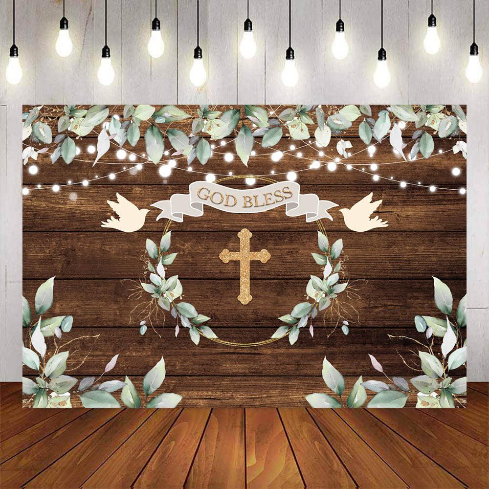 Mocsicka Green Leaves Wood Floor God Bless Baby Shower Backdrop-Mocsicka Party