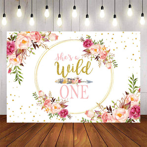 Mocsicka Flowers and Golden Dots Wild One Birthday Backdrop-Mocsicka Party