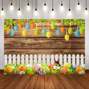Mocsicka White Fence and Eggs Happy Easter Backdrop-Mocsicka Party