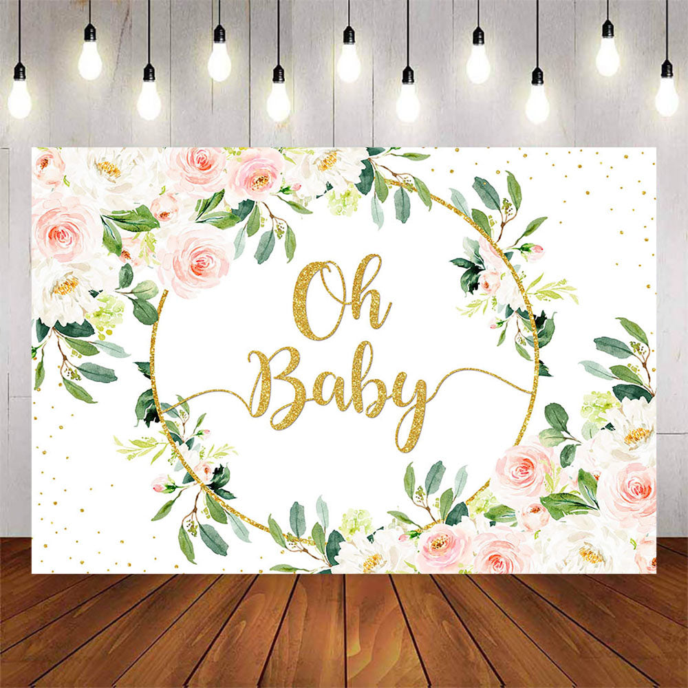 Mocsicka Pink Flowers and Gold Dots Oh Baby Shower Backdrop-Mocsicka Party