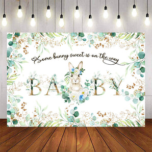 Mocsicka Little Bunny and Green Leaves Oh Baby Shower Backdrop-Mocsicka Party
