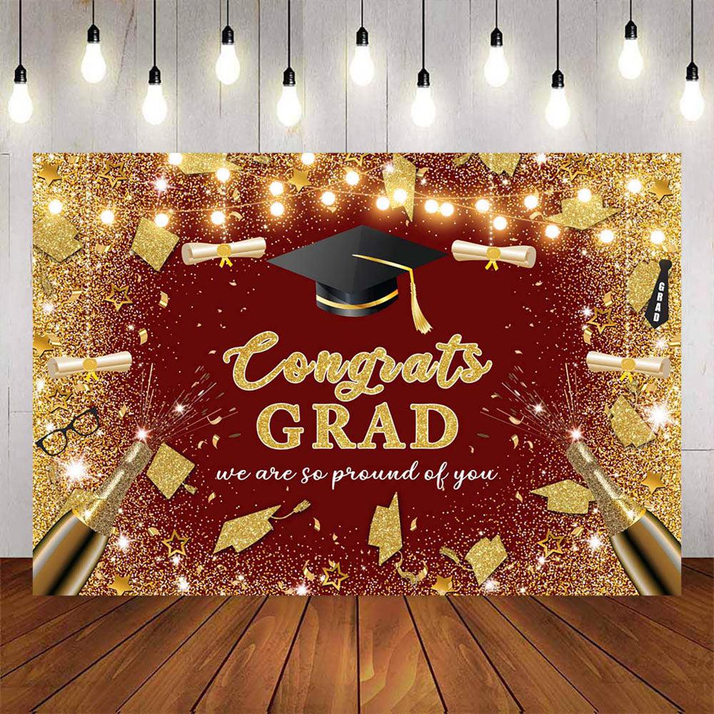 Mocsicka Bachelor Cap Champagne Gold Dots Congrats Graduation Red Backdrop-Mocsicka Party