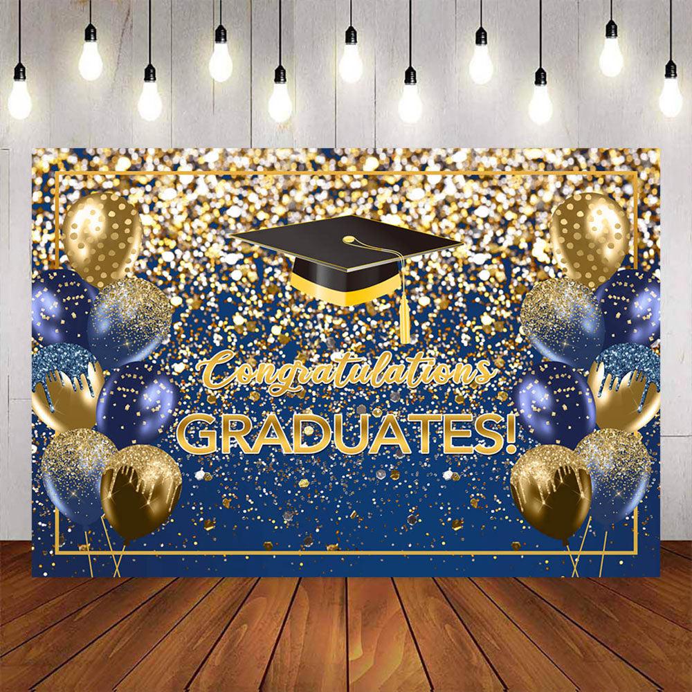 Mocsicka Blue and Gold Balloons Bachelor Cap Congrats Graduation Backdrop-Mocsicka Party