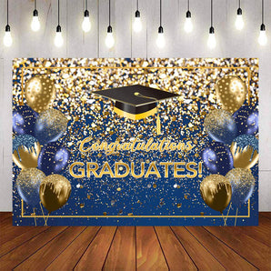 Mocsicka Blue and Gold Balloons Bachelor Cap Congrats Graduation Backdrop-Mocsicka Party