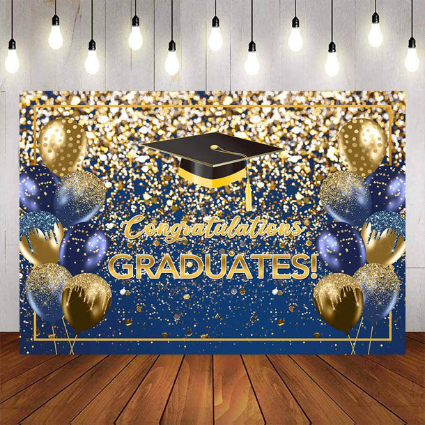 Mocsicka Blue and Gold Balloons Bachelor Cap Congrats Graduation Backd ...